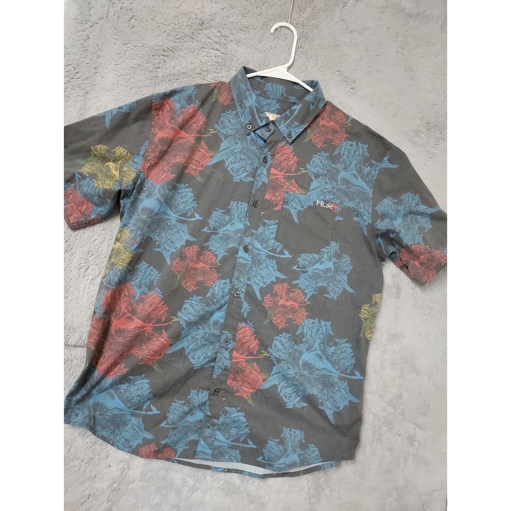 Huk Shirt Mens Large Fishing Floral Short Sleeve Button Down Gray Colorful Beach